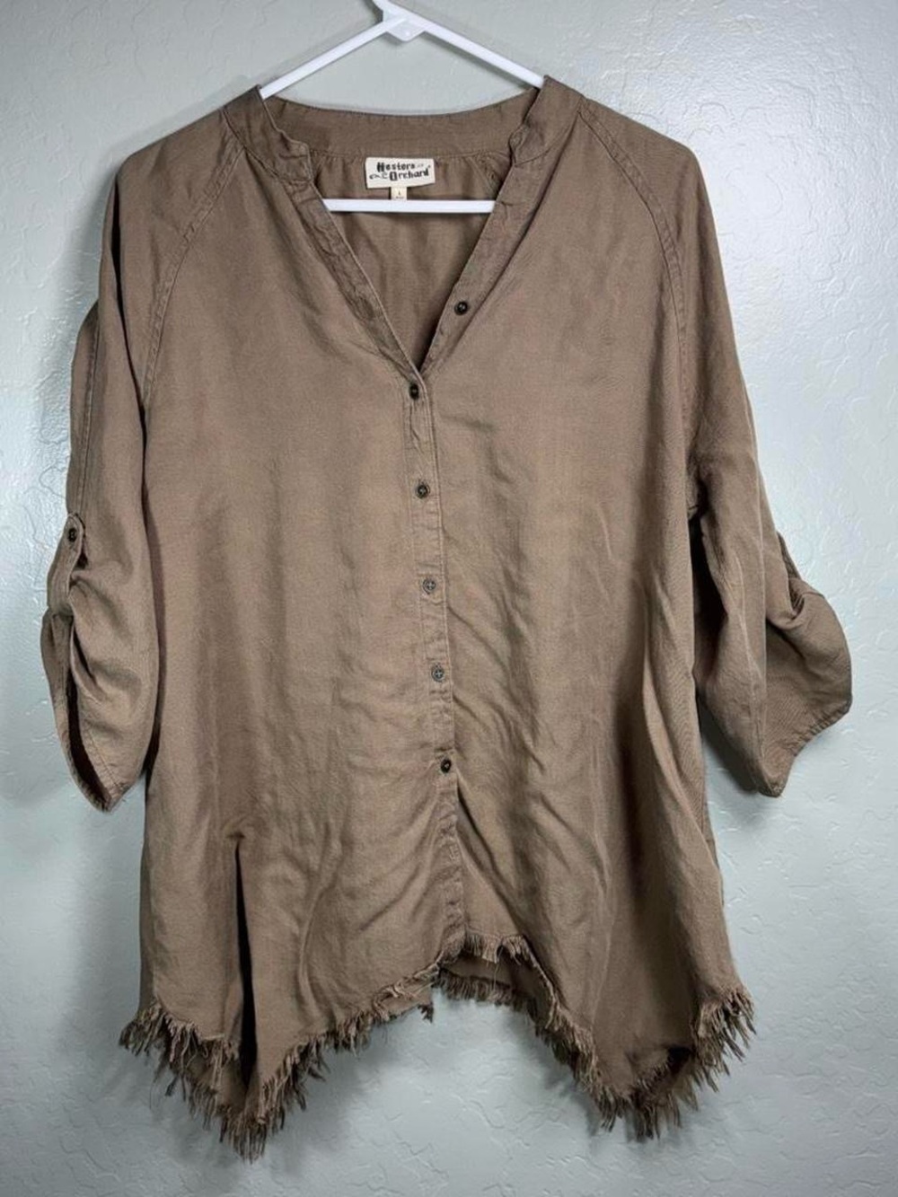 Hester & Orchard 100% Tencel Fringe Hem Tunic Top Roll Tab Sleeve Taupe Large Bo